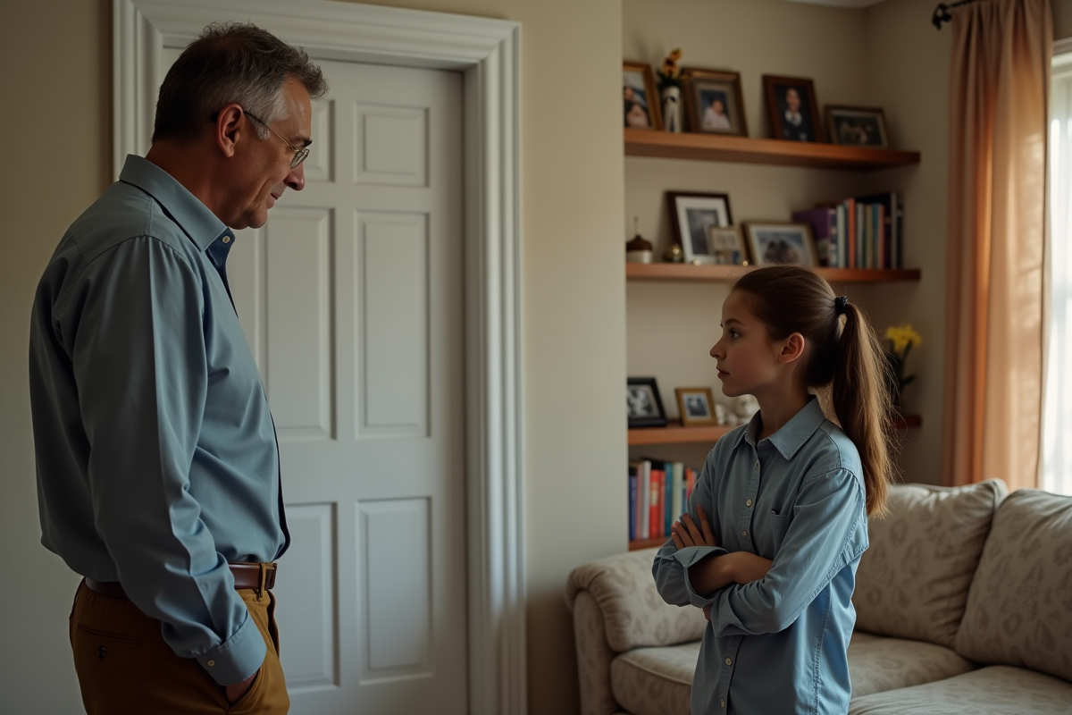 Père parlant à sa fille dans le salon familial
