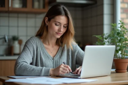 Mère employeur assise à une table de cuisine remplit un formulaire administratif Pajemploi sur son ordinateur portable
