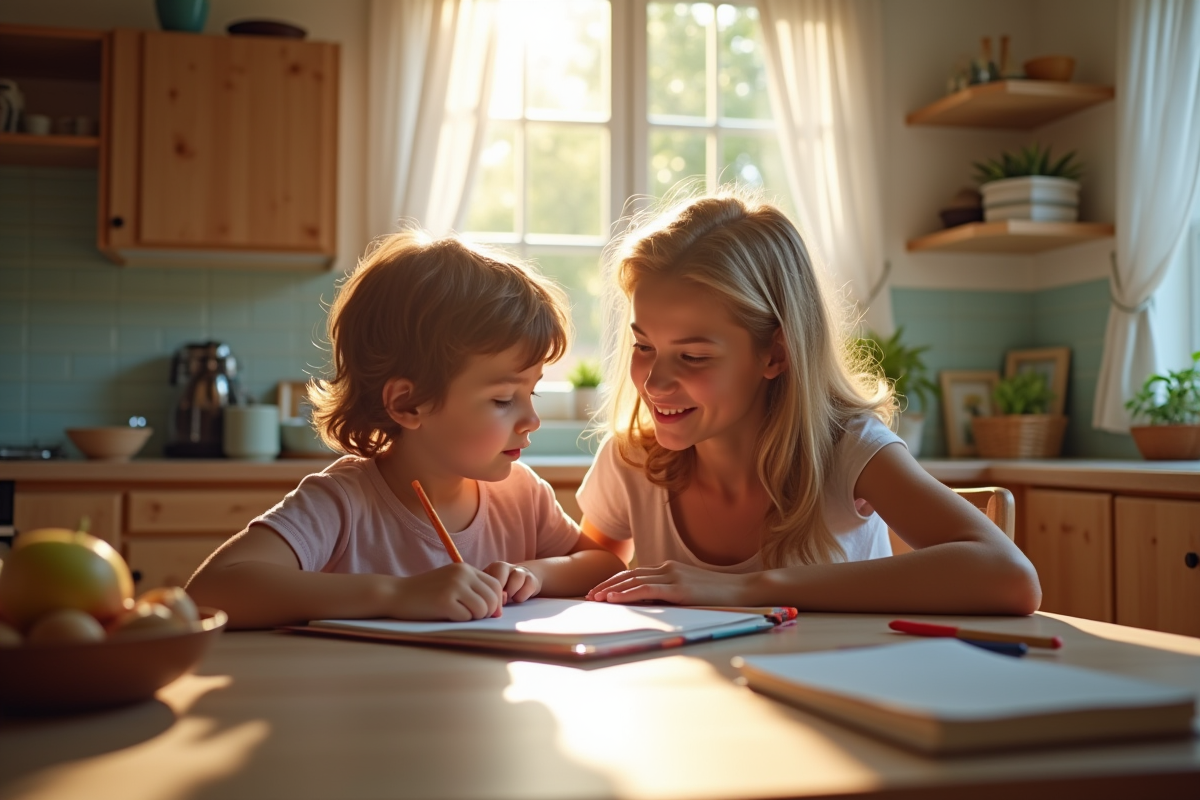 Parent et enfant discutant devoirs à la maison