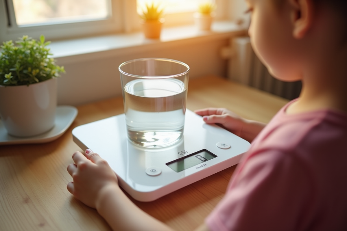 Parent utilisant une balance numérique pour peser de l