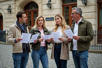 Parents tenant une pétition devant la mairie pour protester contre la grève de la cantine scolaire