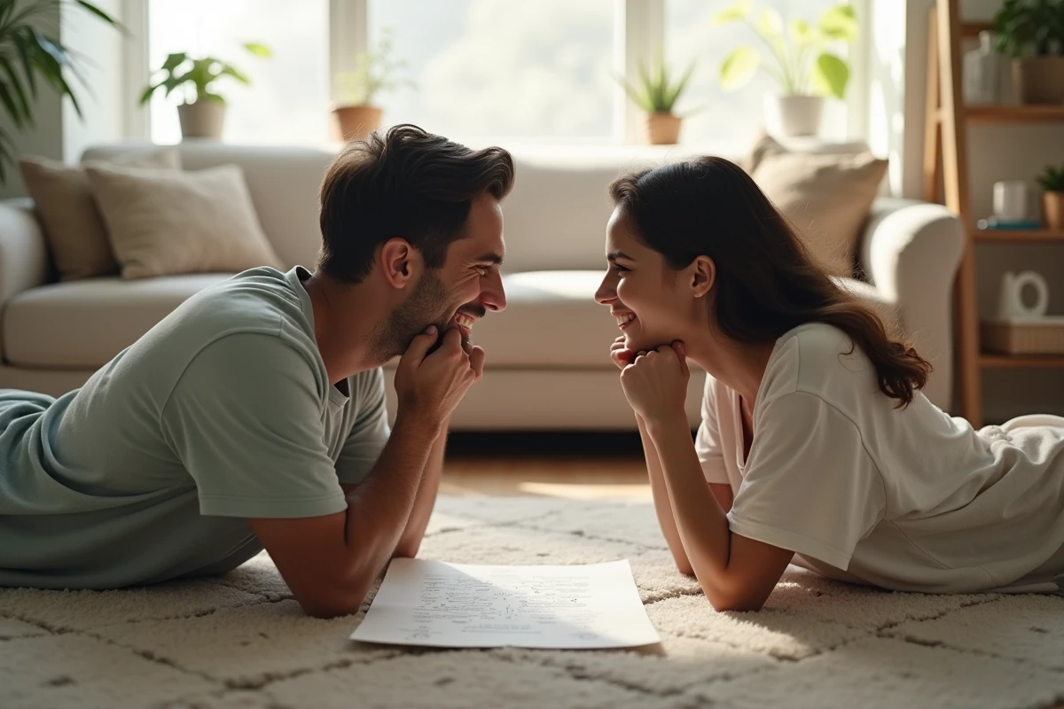 Partenaires allongés sur le sol testant leur compatibilité avec un questionnaire de couple à la maison