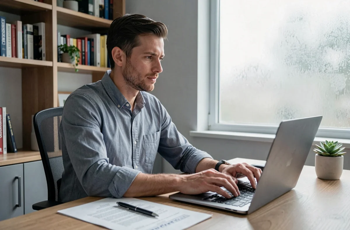 Père en télétravail rédigeant un email de prolongation de congé parental sur son ordinateur portable dans un bureau à domicile