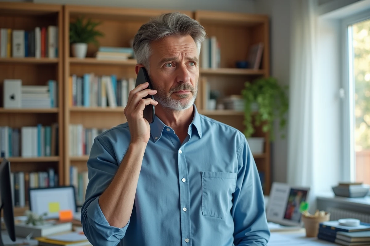 Père employeur au téléphone cherchant le numéro de contact Pajemploi depuis son bureau à domicile
