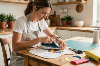 Femme personnalisant un bavoir blanc avec du flex thermocollant à la maison sur une table en bois
