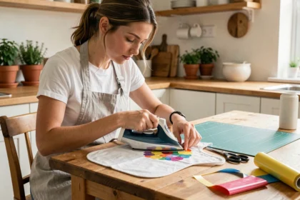 Femme personnalisant un bavoir blanc avec du flex thermocollant à la maison sur une table en bois