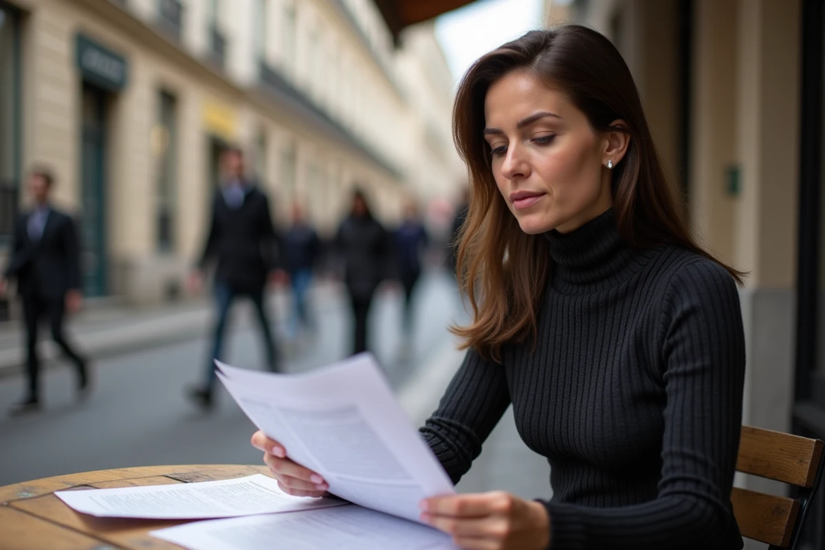 Femme lisant des documents à une terrasse de café parisienne, alliant vie professionnelle et moments personnels discrets