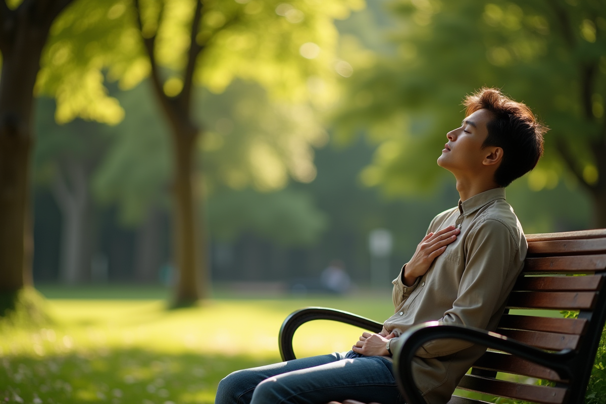 Personne seule dans un parc vert respirant profondément