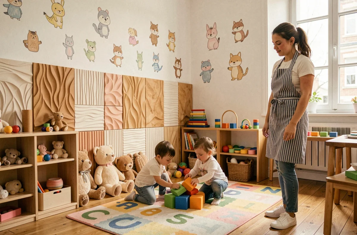 Espace de jeux sensoriels de la crèche Les Petites Canailles à Bordeaux avec enfants et éducatrice