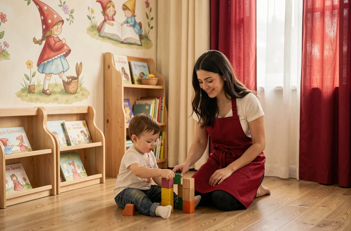 Salle de jeux thématique de la crèche Les Petits Chaperons Rouges à Bordeaux avec puéricultrice et jeune enfant