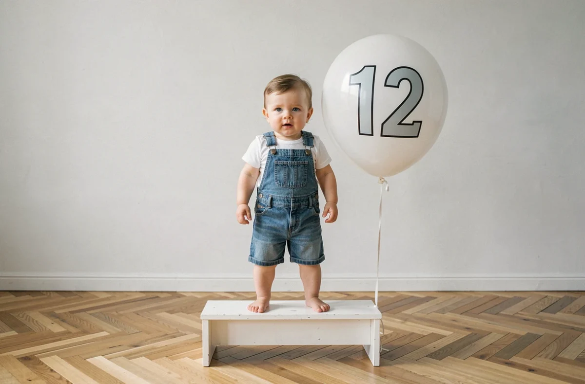 Photo bébé 12 mois debout dans salon minimaliste avec ballon numéroté pour mur de cadres anniversaire