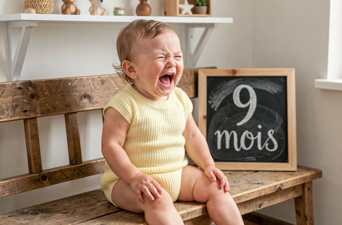 Photo bébé 9 mois assise sur banc en bois dans chambre scandinave avec ardoise mois manuscrite