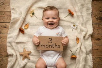 Photo bébé 3 mois prise en vue du dessus sur couverture tricot crème avec pancarte kraft mois par mois