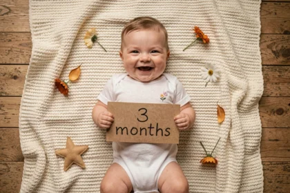 Photo bébé 3 mois prise en vue du dessus sur couverture tricot crème avec pancarte kraft mois par mois