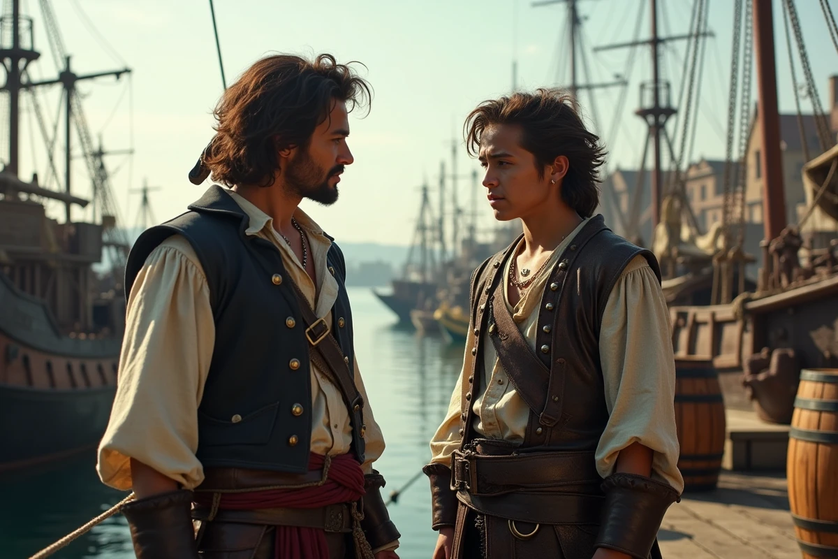 Deux pirates discutant au port animé