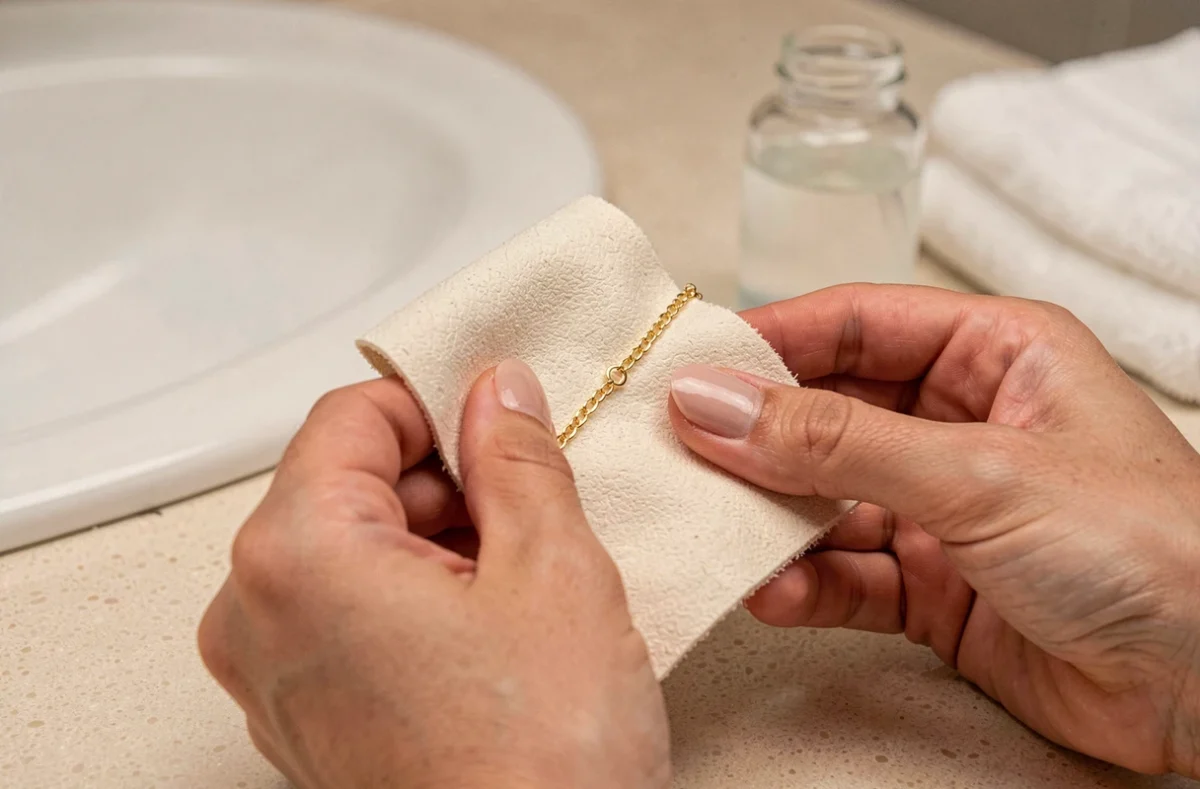 Mains féminines séchant et polissant une gourmette bébé en or avec un chiffon chamoisine dans une salle de bain