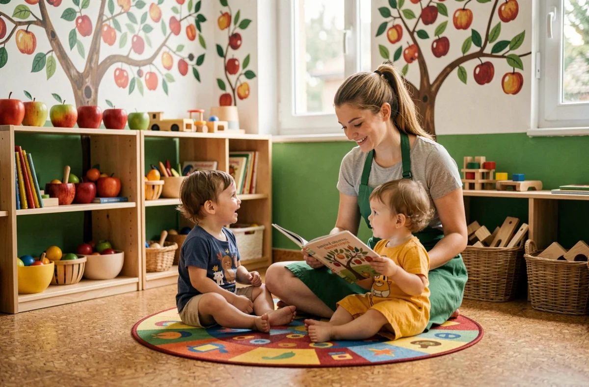 Salle de lecture de la crèche Pomme d'Happy à Bordeaux avec éducatrice lisant un livre à deux enfants