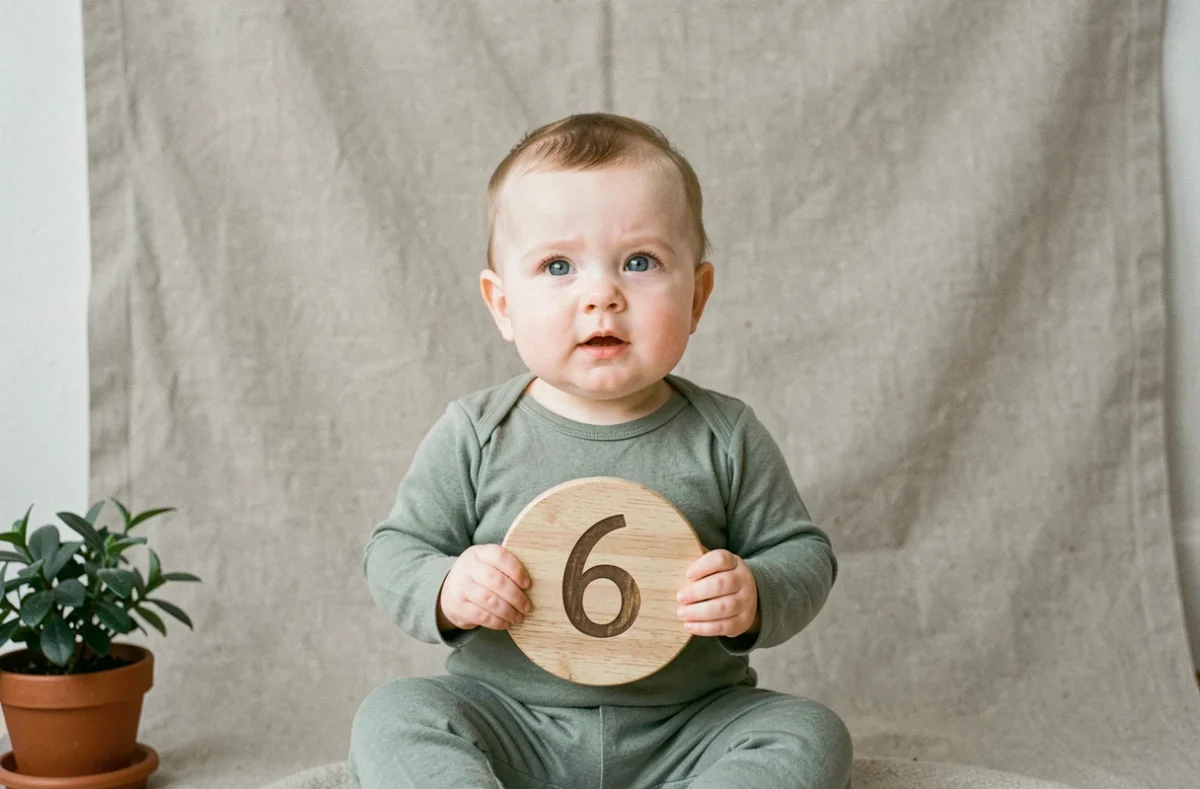 Portrait bébé 6 mois assis devant fond lin neutre tenant un disque en bois avec le chiffre du mois