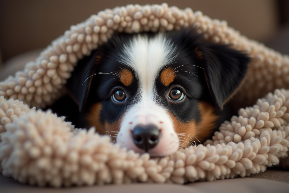 Portrait rapproché d’un chiot Australian Shepherd dans une couverture