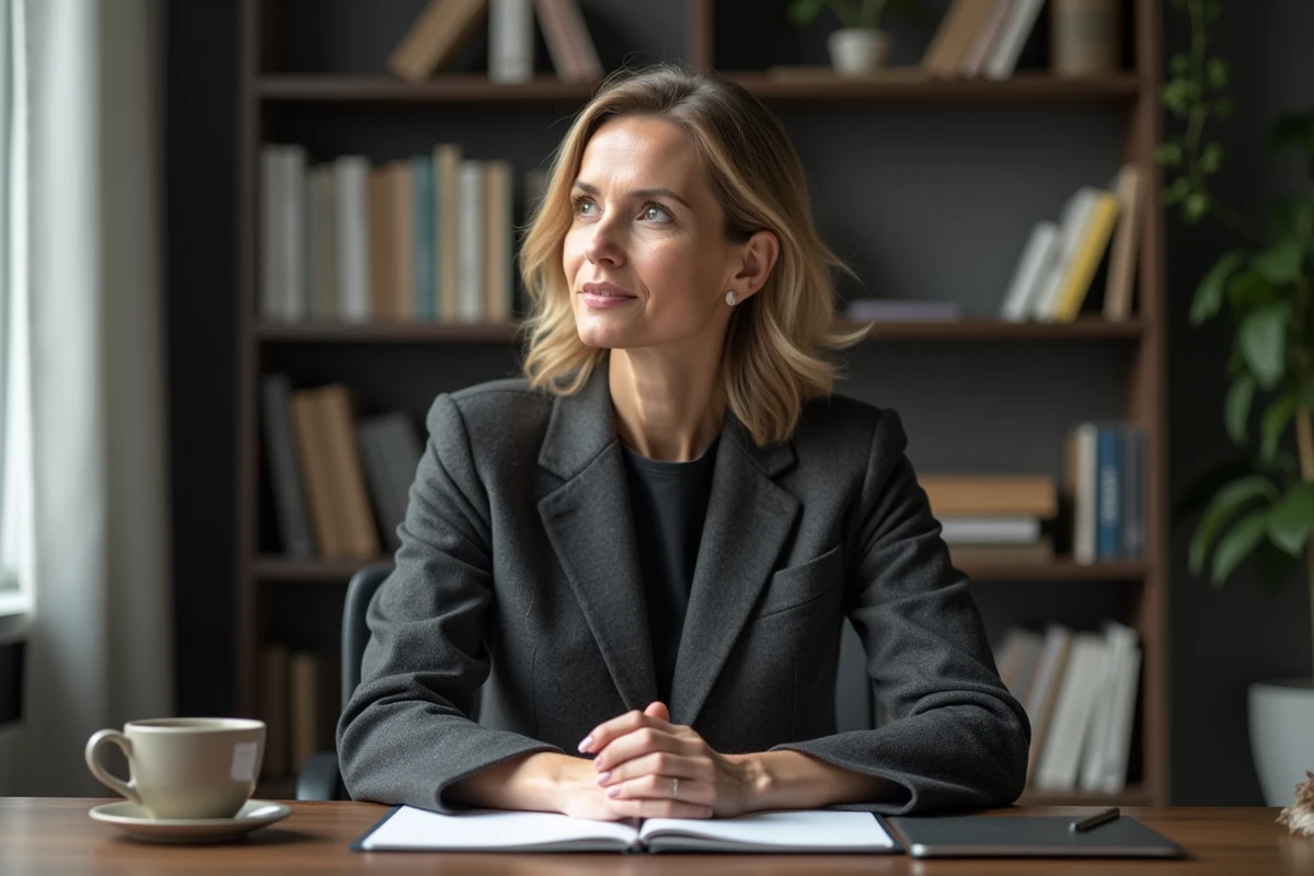 Portrait éditorial d'une femme dans un bureau moderne, symbolisant la frontière entre vie publique et intimité personnelle
