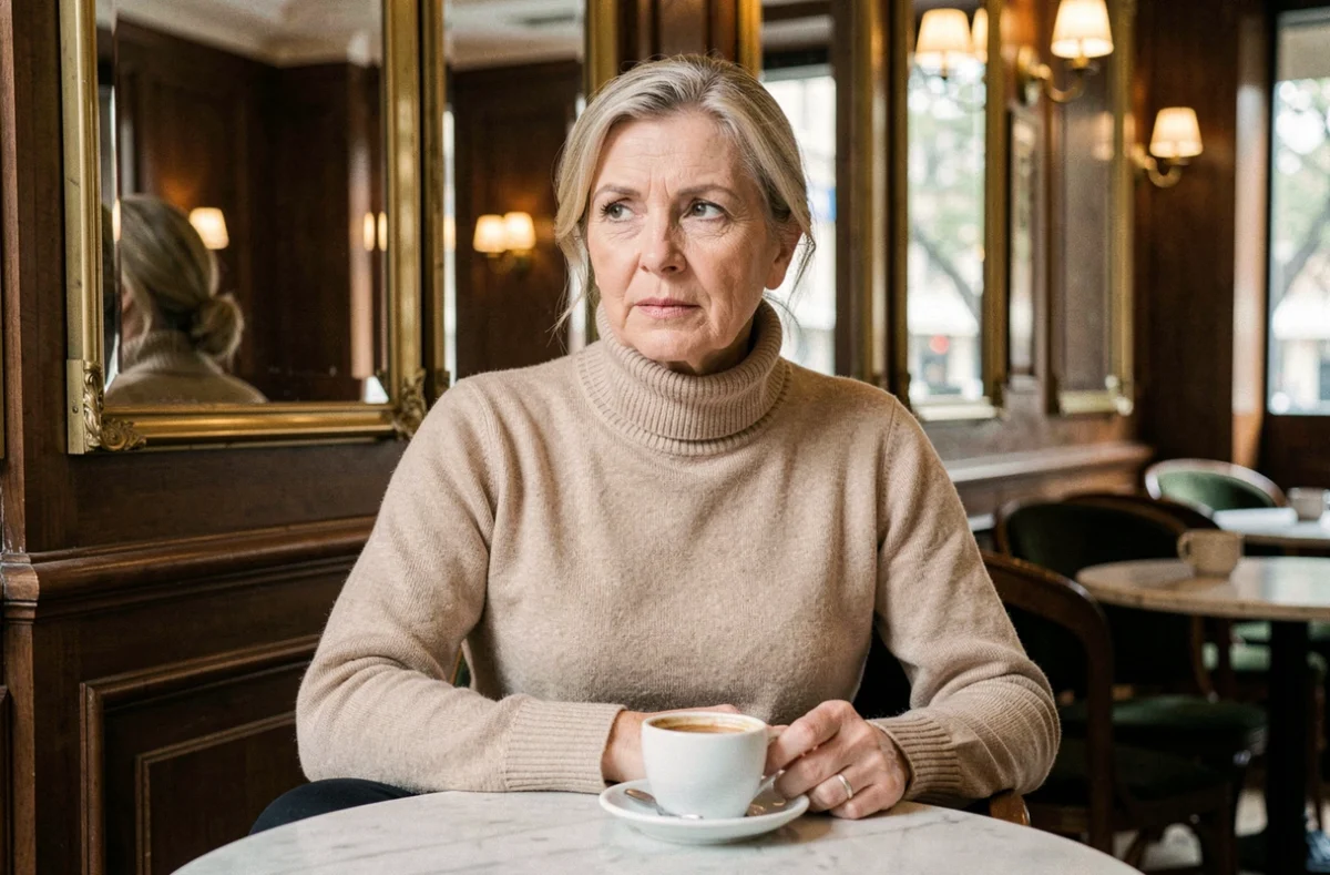 Portrait discret d'une femme élégante attablée dans une brasserie parisienne chic, regard fuyant et expression réservée