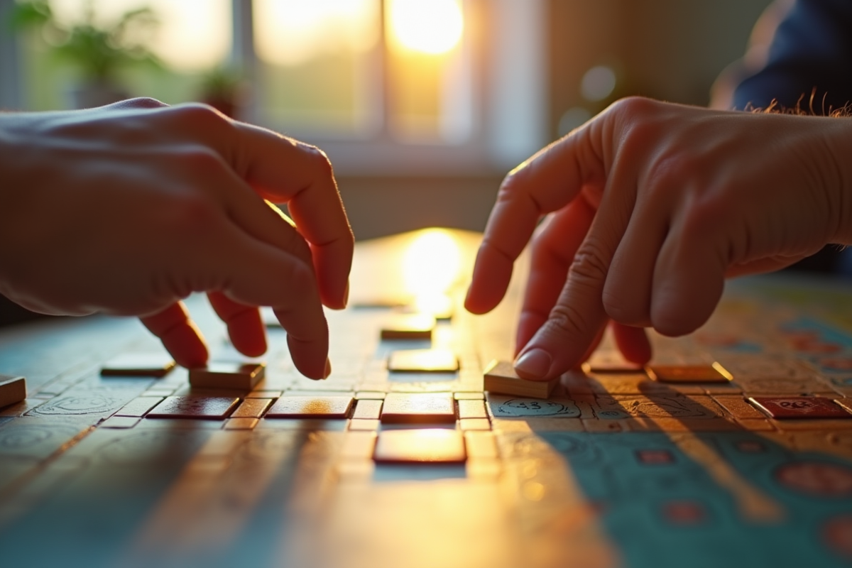 Mains posant une tuile sur un puzzle logique complexe