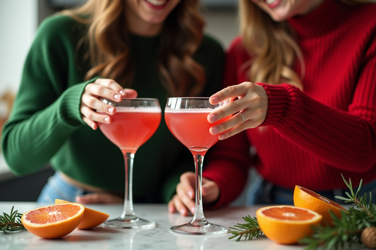 Jeunes femmes préparant des cocktails de noel dans la cuisine