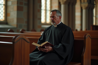 Prêtre méditant dans une église ancienne