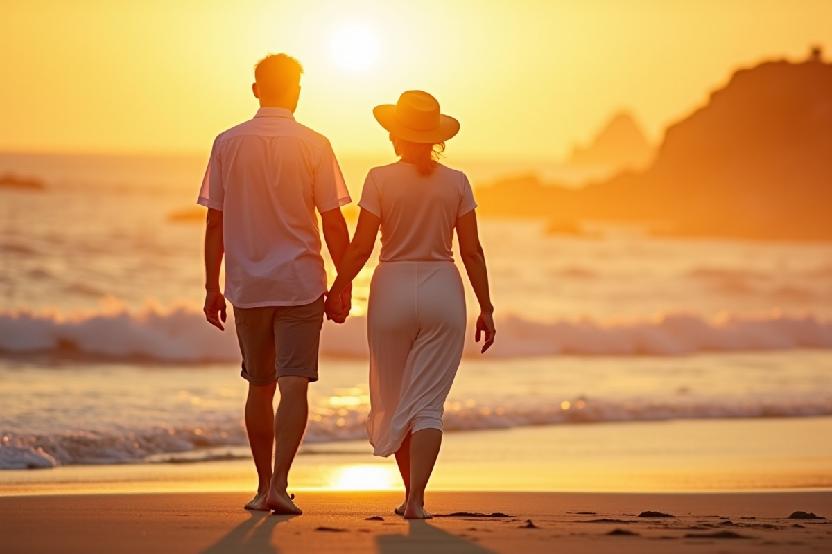 Couple dans la quarantaine marchant au coucher du soleil sur la plage