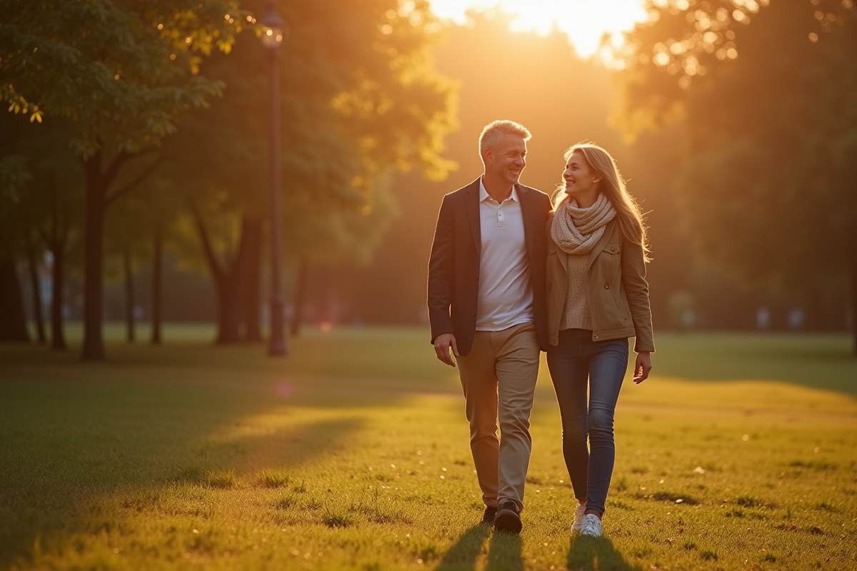 Couple marchant dans un parc en fin d