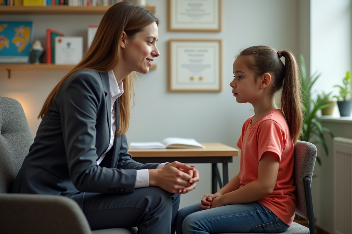 Psychologue parlant à une fille anxieuse en consultation
