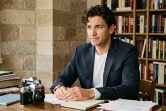 Portrait d'un réalisateur français assis à son bureau parisien entouré de livres de cinéma et d'une caméra vintage