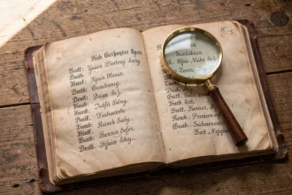 Registre paroissial ancien ouvert avec des noms de famille manuscrits