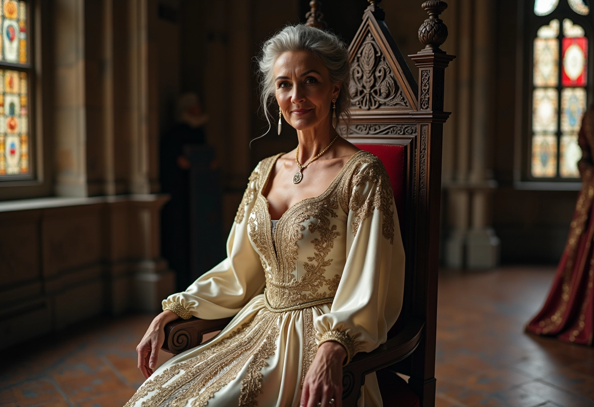 Reine en robe royale assise sur un trône dans un palais médiéval