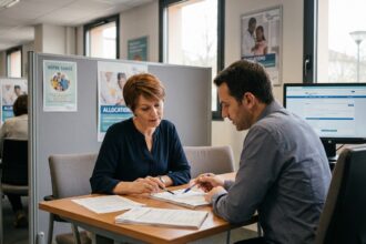 Femme avec prothèse capillaire consultant un conseiller de la Sécurité sociale pour le remboursement de sa perruque médicale