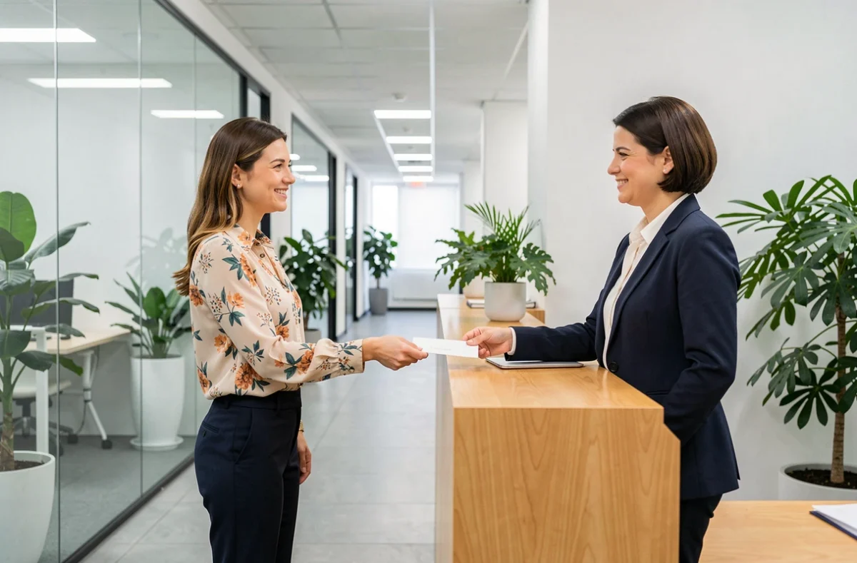 Employée remettant une lettre de prolongation de congé parental à la responsable des ressources humaines dans un bureau professionnel