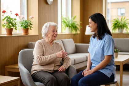 Résidente senior souriante en conversation avec une soignante dans le salon d'une résidence pour personnes âgées LNA Santé à Toulon