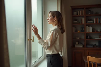 Femme de dos regardant par une fenêtre en verre dépoli, symbolisant le respect de la vie privée et de l'intimité personnelle