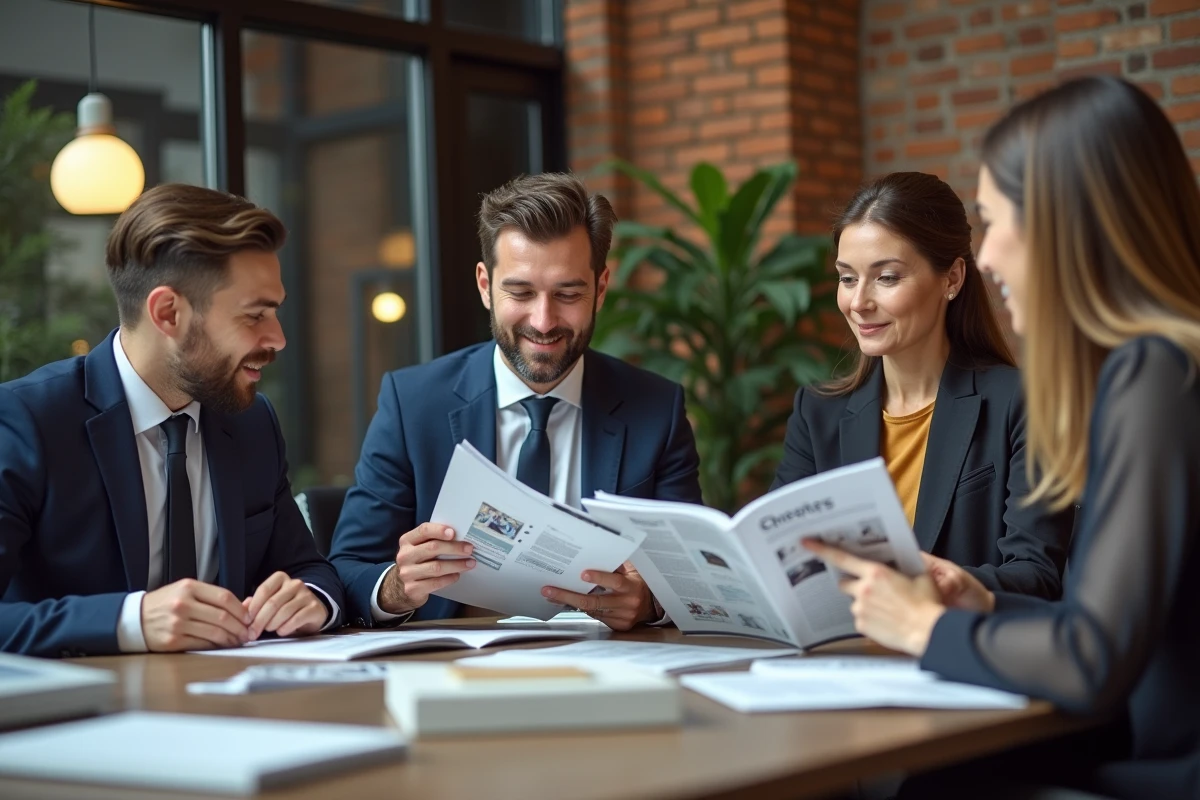 Professionnels discutant autour d une table avec magazines