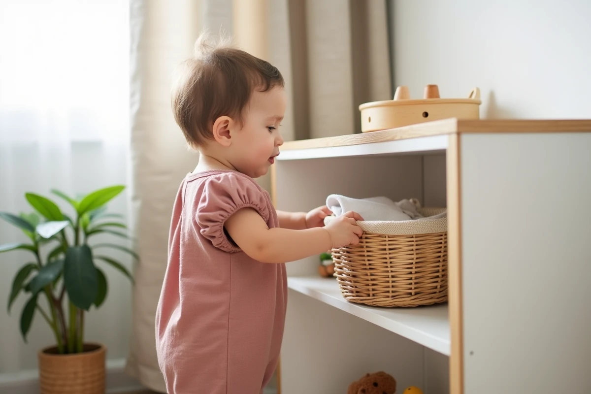 Tout-petit autonome rangeant un panier en osier sur une étagère Montessori basse en bois dans un intérieur familial chaleureux