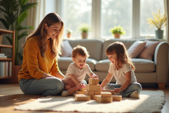 Salon chaleureux avec une nounou jouant avec deux enfants