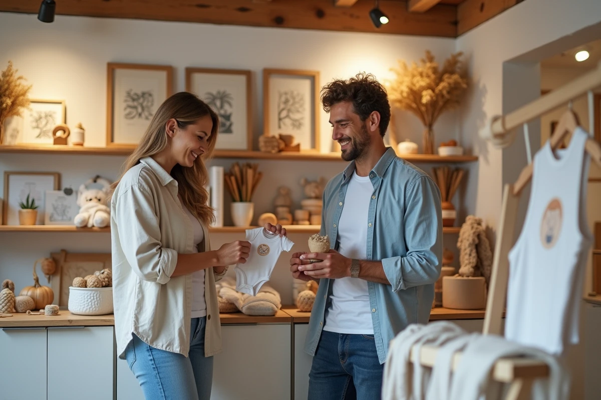 Couple cherchant un cadeau de naissance abordable dans une boutique artisanale avec des articles faits main pour bébé
