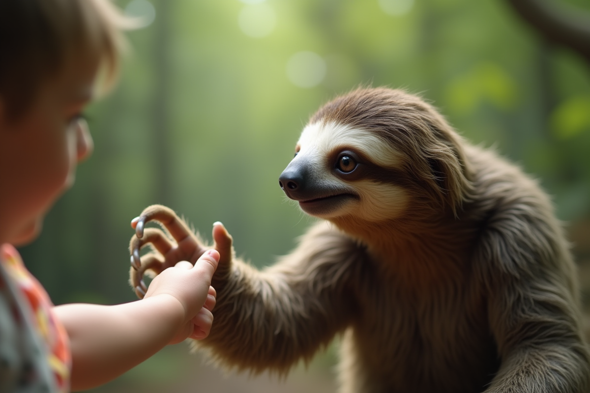 Face de sloth touchant la main d’un enfant dans la forêt