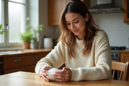 Jeune femme enceinte tenant un bol de sel de mer dans une cuisine, illustration du test du sel fille ou garçon