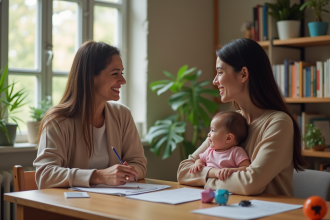 Travailleur social souriant avec mère et bébé dans un bureau chaleureux