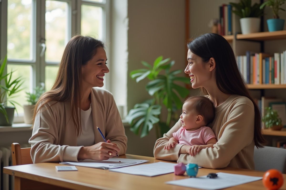 Travailleur social souriant avec mère et bébé dans un bureau chaleureux