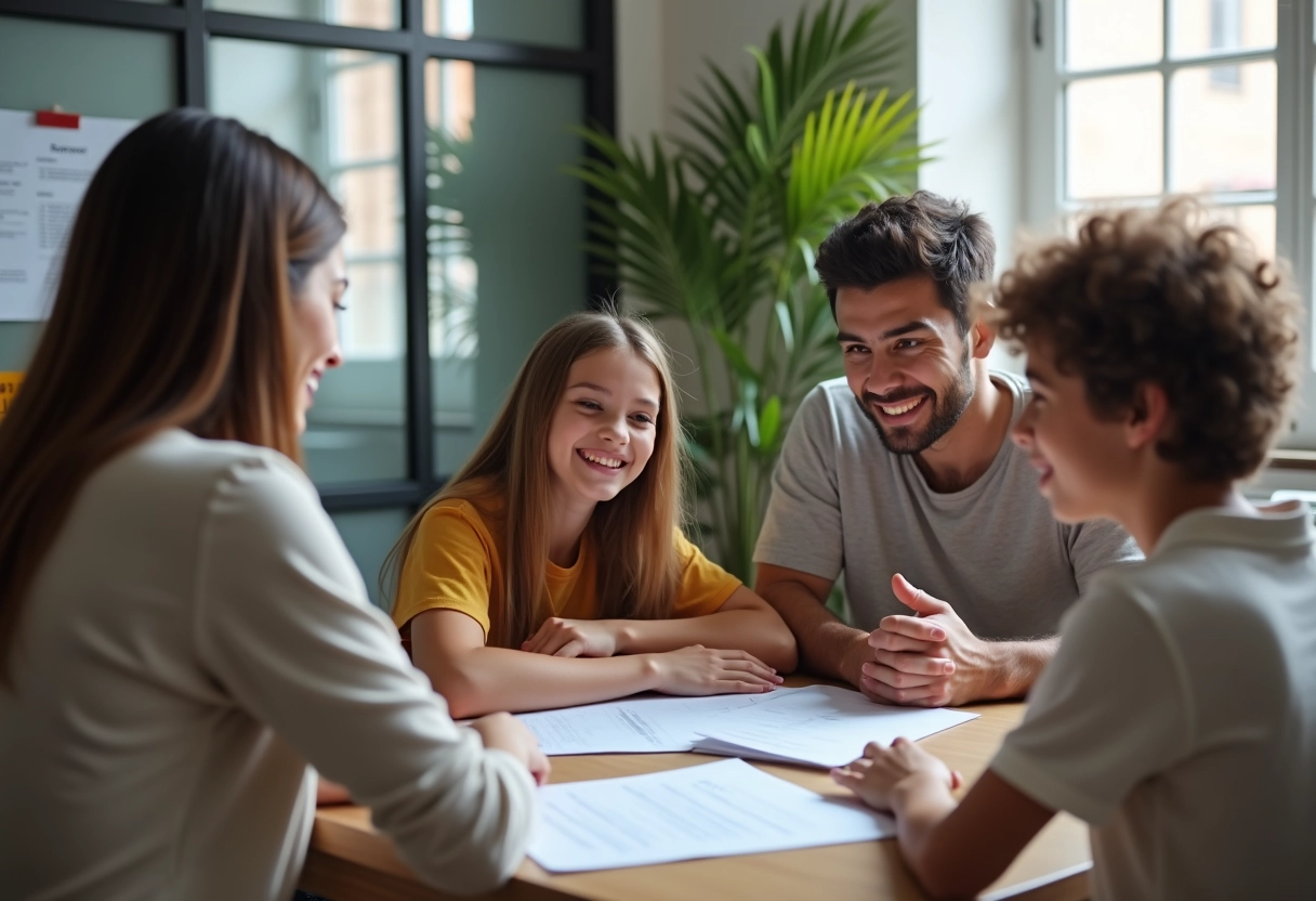 Travailleur social expliquant aides financières famille