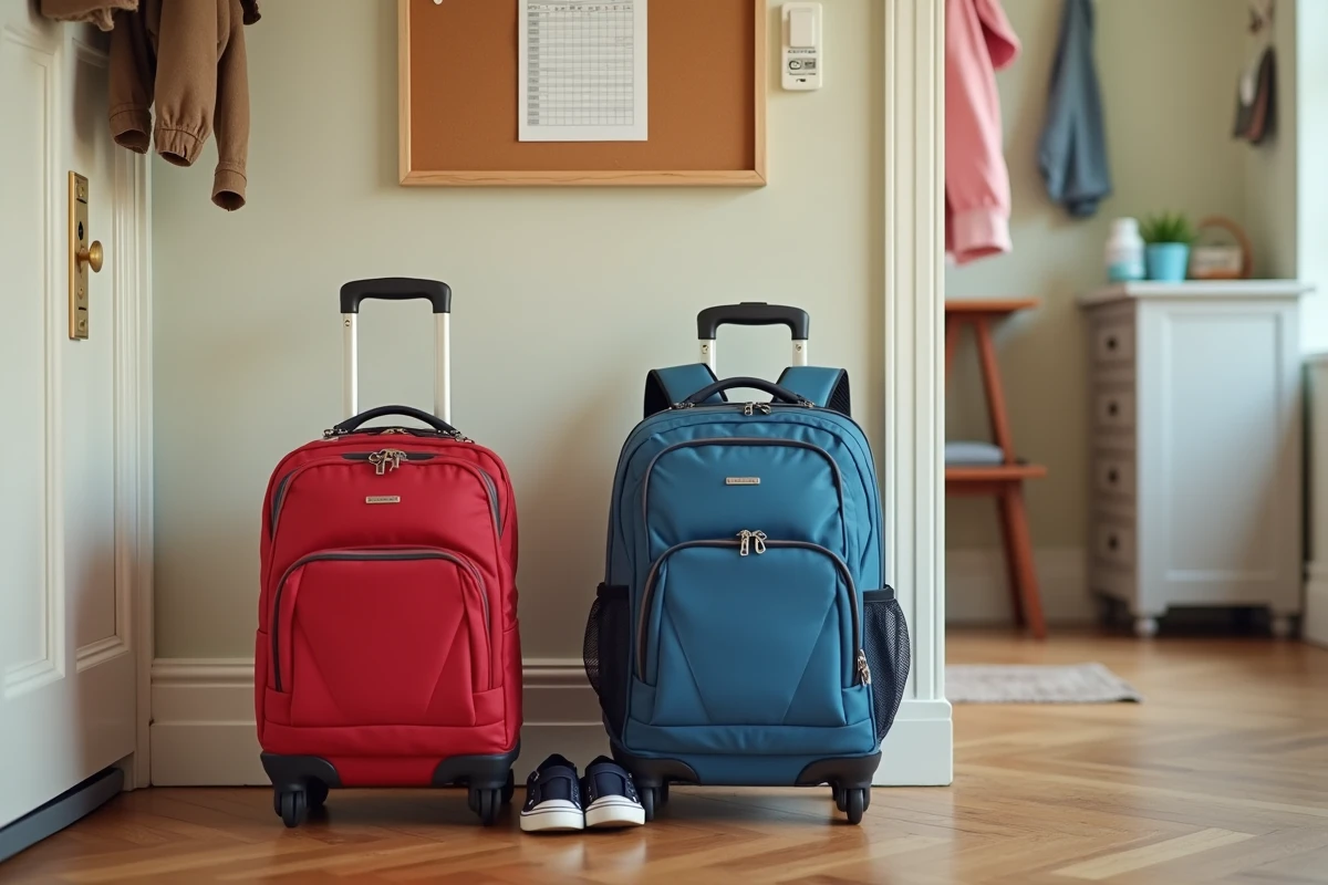 Valise et sac à dos d'enfant prêts pour un voyage pendant une absence à l'école maternelle