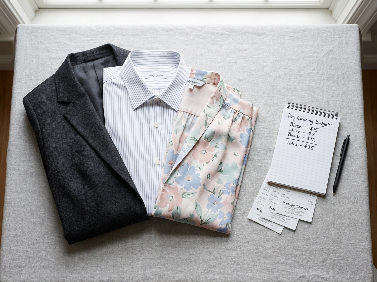 Vêtements prêts pour le pressing posés avec un carnet de budget familial et des reçus de nettoyage