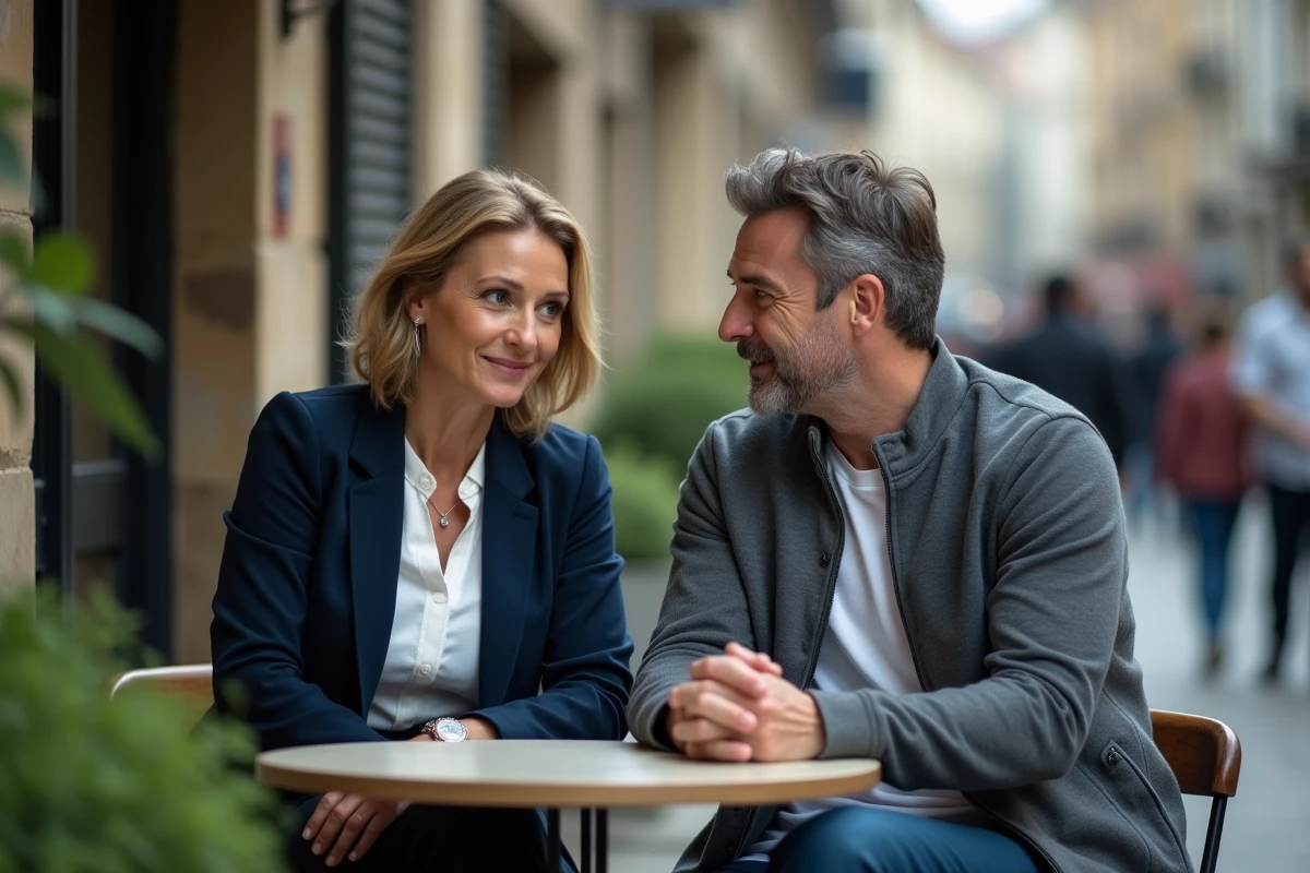 Couple en conversation discrète à une terrasse de café en ville, illustrant le droit à l'anonymat et la préservation de la vie familiale